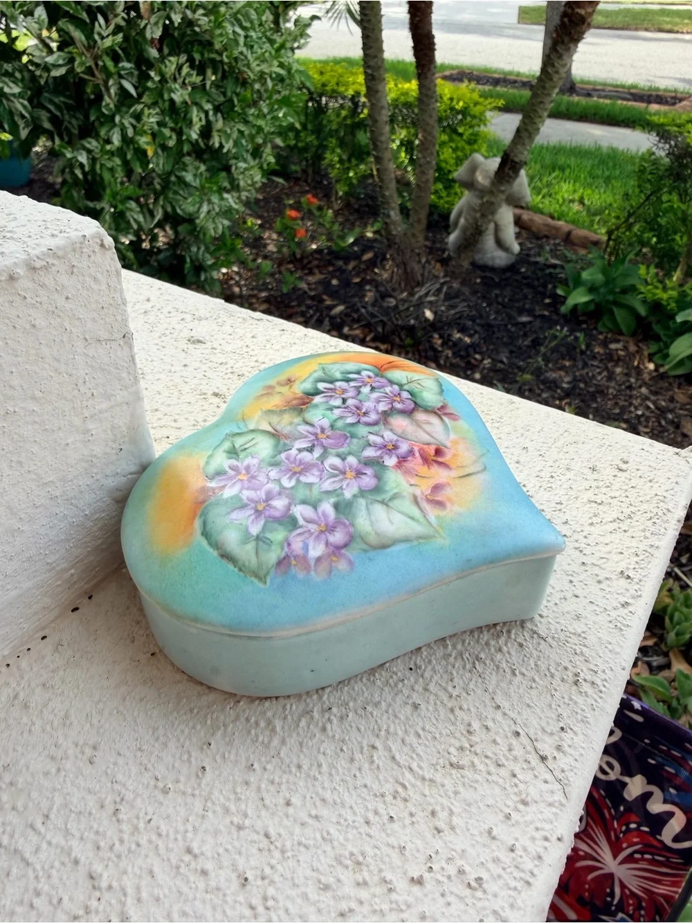 Vintage Hand Painted Porcelain Heart Trinket Box Purple Violets Floral Aqua
